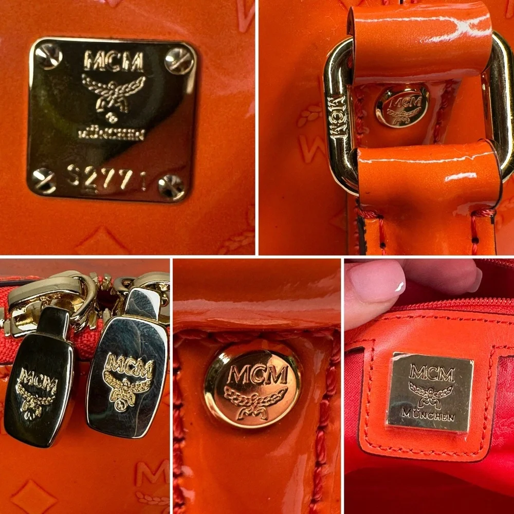 MCM Ivana Patent Leather Large Bowler Bag Orange Printed Logo Y2k Pristine - Picture 9 of 13